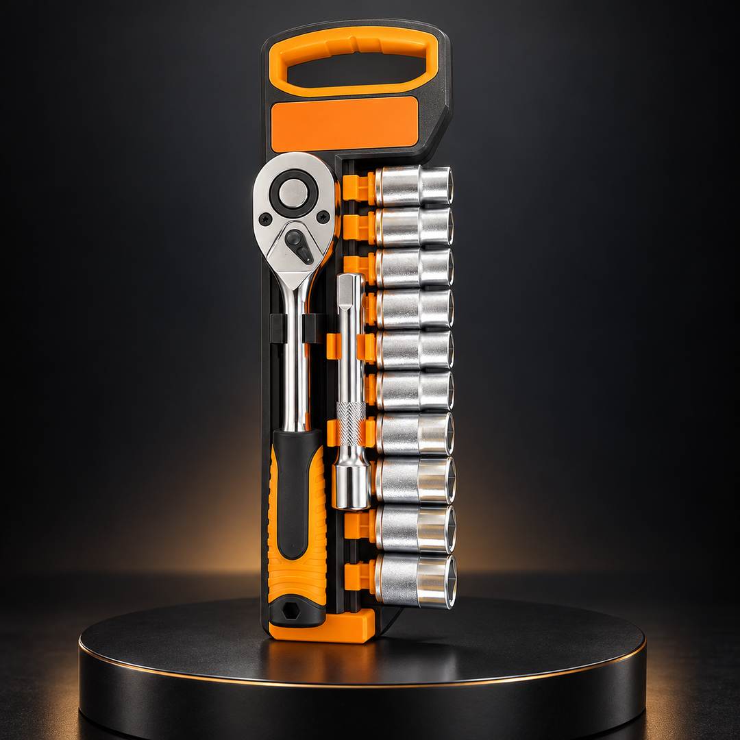 Kit cliquet et dix douilles dans son support noir et orange