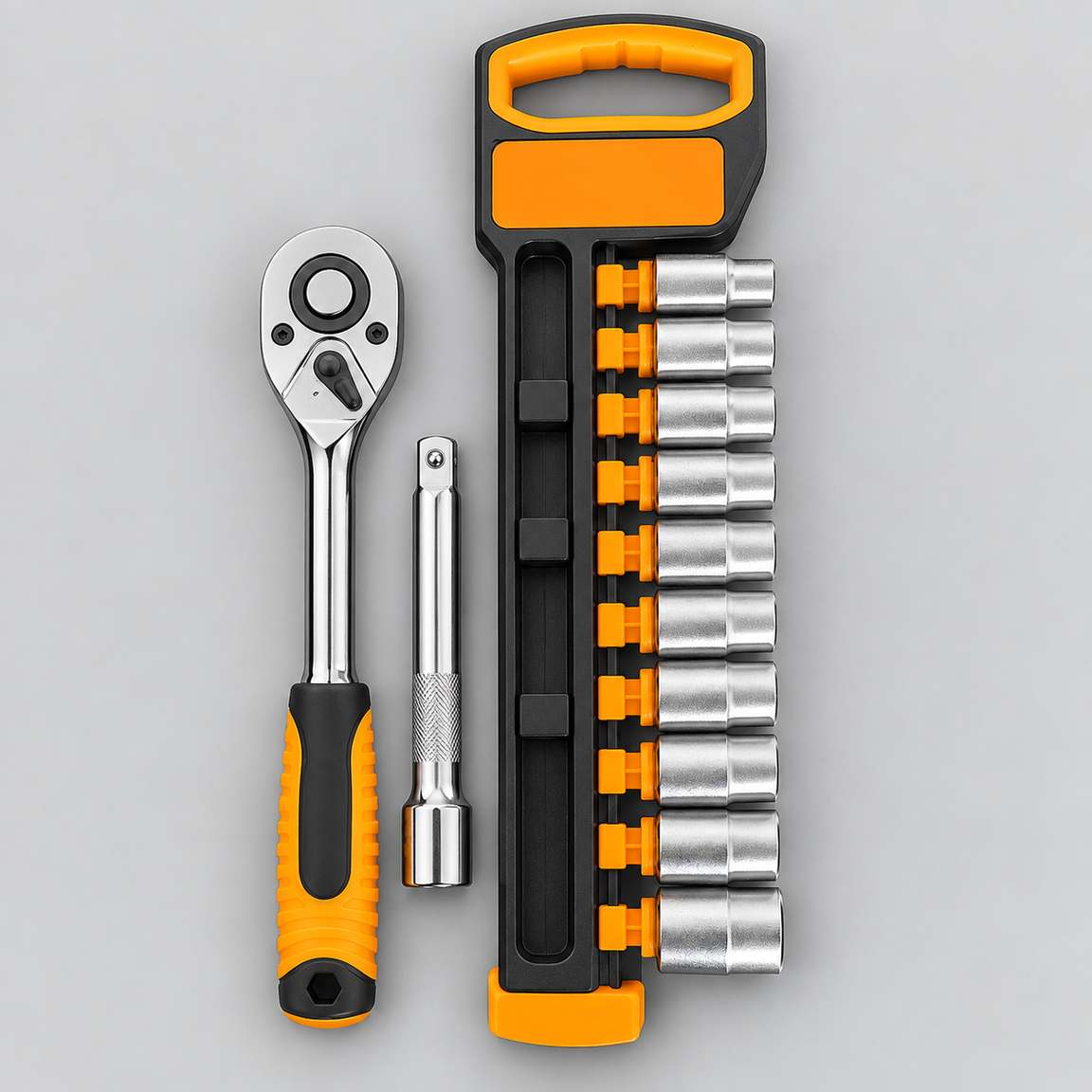 Contenu du kit : cliquet, rallonge et dix douilles sur leur support