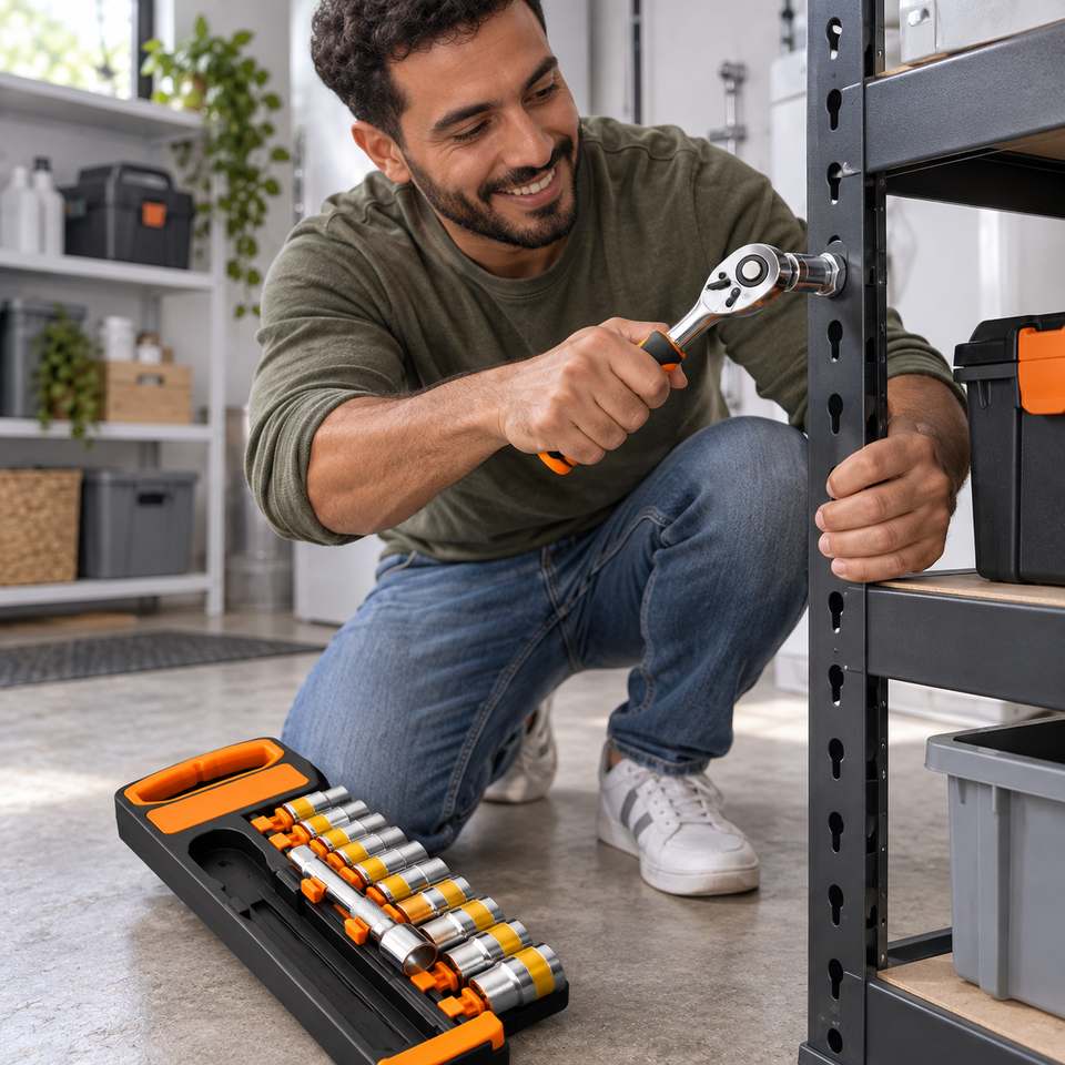 Utilisation du cliquet pour assembler une &eacute;tag&egrave;re &agrave; la maison